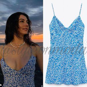 ZARA SKY BLUE ABSTRACT DAISY FLORAL PRINT V NECK SUNDRESS DRESS $49.90